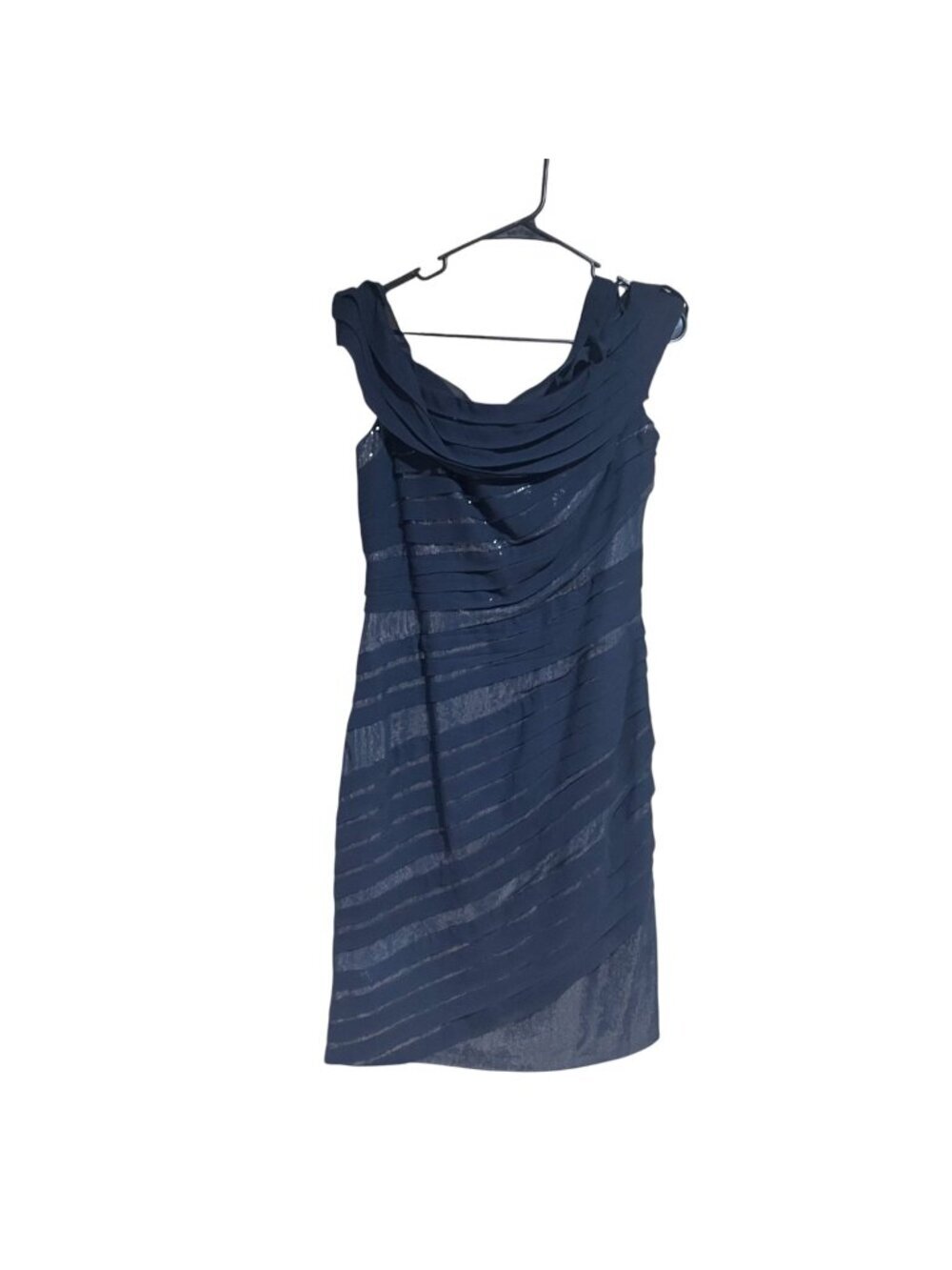 Tadashi shoji navy blue sheath dress with ruched cowl neckline and sequin embell